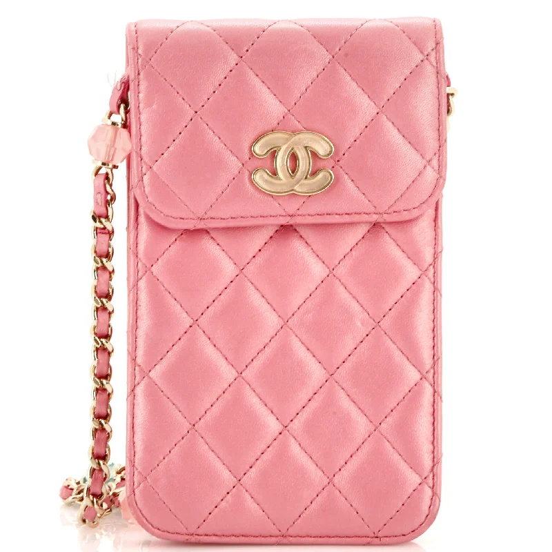 Trendy bucket bags for summerResin CC Phone Holder with Chain Quilted Lambskin