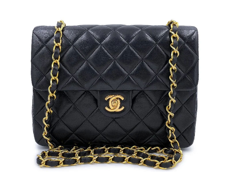 Affordable luxury bags Pristine Chanel 1990 Vintage Black 20cm Mini Square Quilted Flap Bag 24k GHW Lambskin