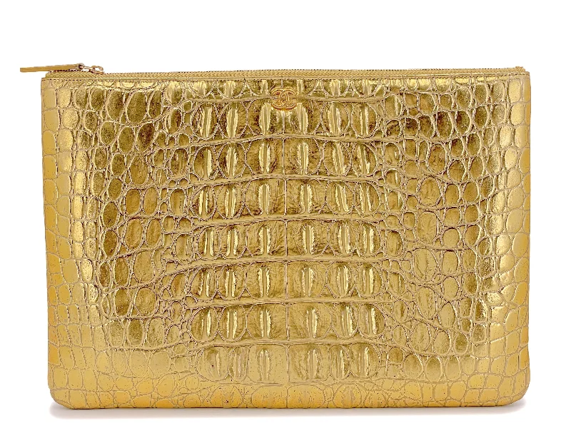 Best bags for business tripsChanel 19A Egyptian Collection Gold Crocodile Print O Case Clutch Large